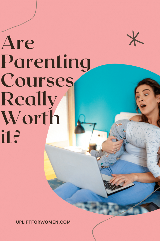 Are parenting courses really worth it? mom looking at laptop with child on top of her.