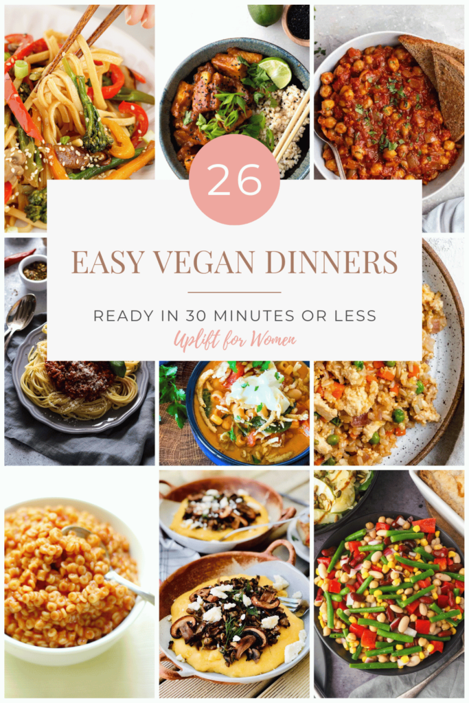 A 3 by 3 grid of pictures of vegan dinners